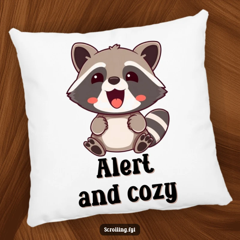 Funny Pillow: A plump raccoon sits with wide eyes, showing ultimate surprised delight and happy astonishment, soft decor.