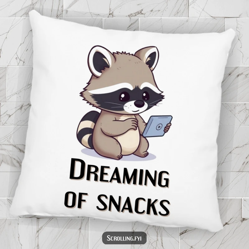Funny pillow showing a fascinated raccoon watching a device, embodying a humorous and relaxed mood.