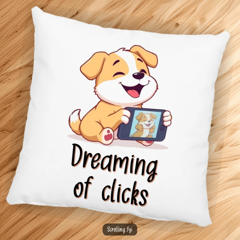 Funny dog pillow with a joyful dog intently watching a video on a mobile device, perfect for cozy decor.