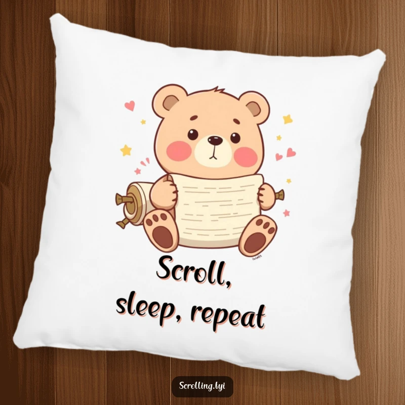 Funny Bear Pillow: A playful bear is shown scrolling through endless content, bringing cozy digital humor to any room.