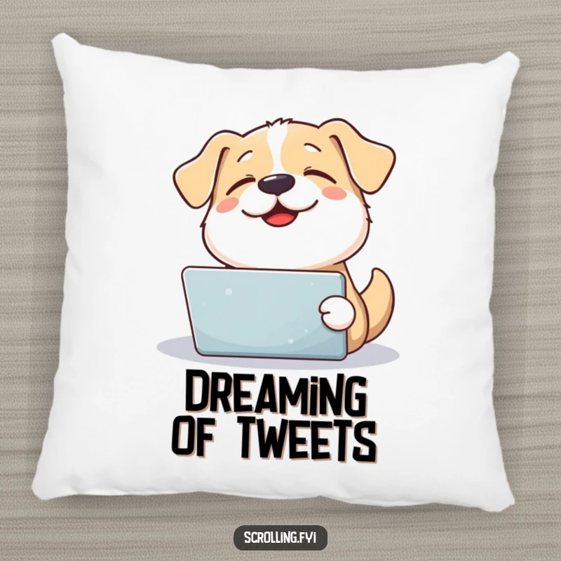 Funny happy sighing dog looking up from a tablet, a soft and humorous pillow for dog enthusiasts.