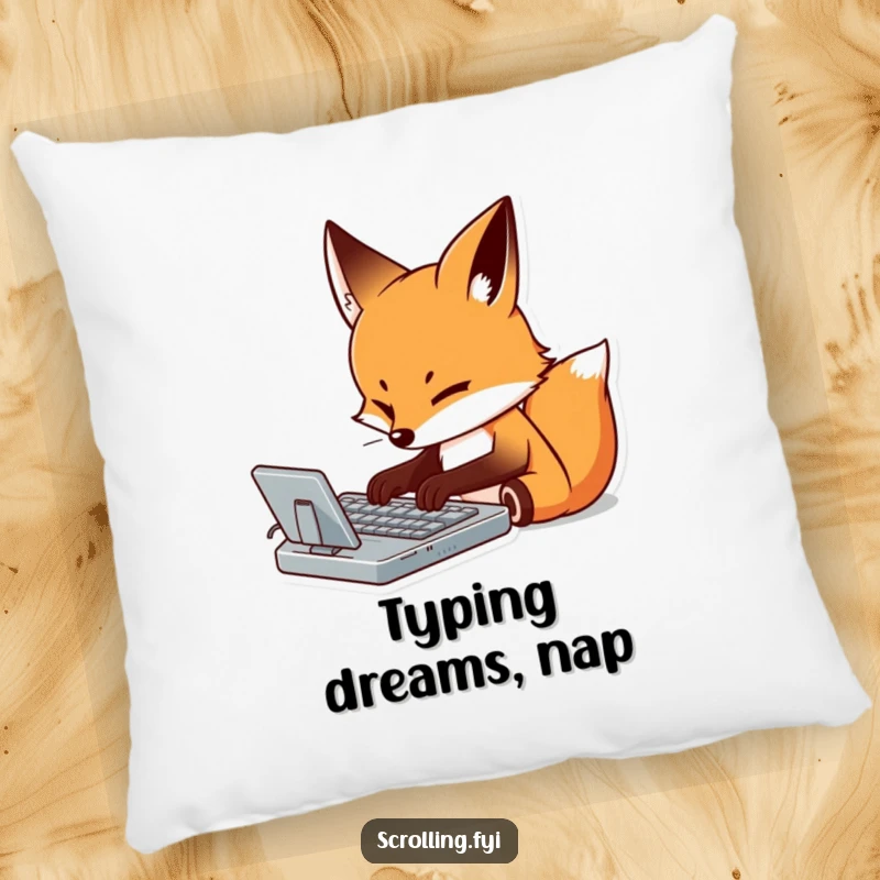 Funny pillow with a determined fox meticulously typing on a virtual keyboard with focus, adding work humor to comfort.