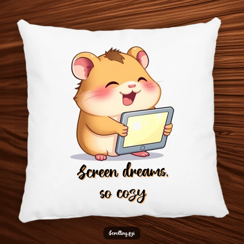 Funny pillow with a giggling hamster holding a tablet, its face illuminated by the screen, adding cute tech humor to comfort.