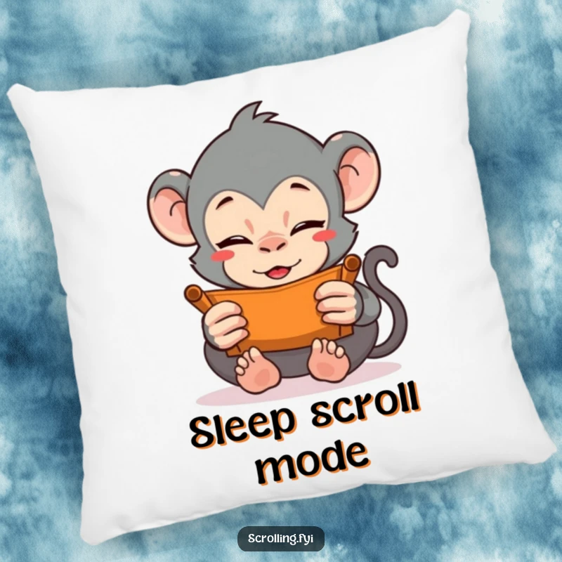Funny pillow featuring a monkey with intense focus vigorously scrolling with both hands. Perfect for adding humorous tech flair and comfort.