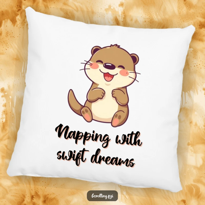 Funny otter pillow, joyfully and rapidly tapping on a small screen with its paw, offering cozy tech amusement.
