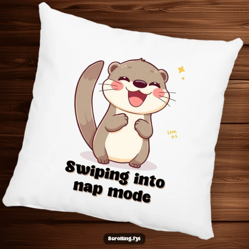 Funny pillow with a joyful otter swiping across a virtual interface, combining comfort and tech humor.