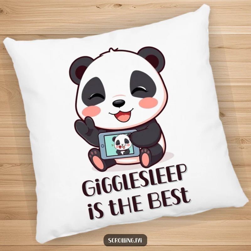Funny pillow with a giggling panda showing a funny image on its mobile device, adding comfort and humor.