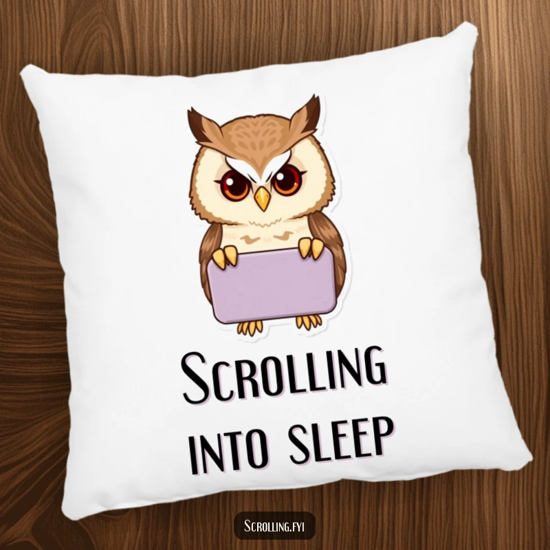Funny proud owl peering intently into a handheld device on a plush pillow, ideal for humorous decor.