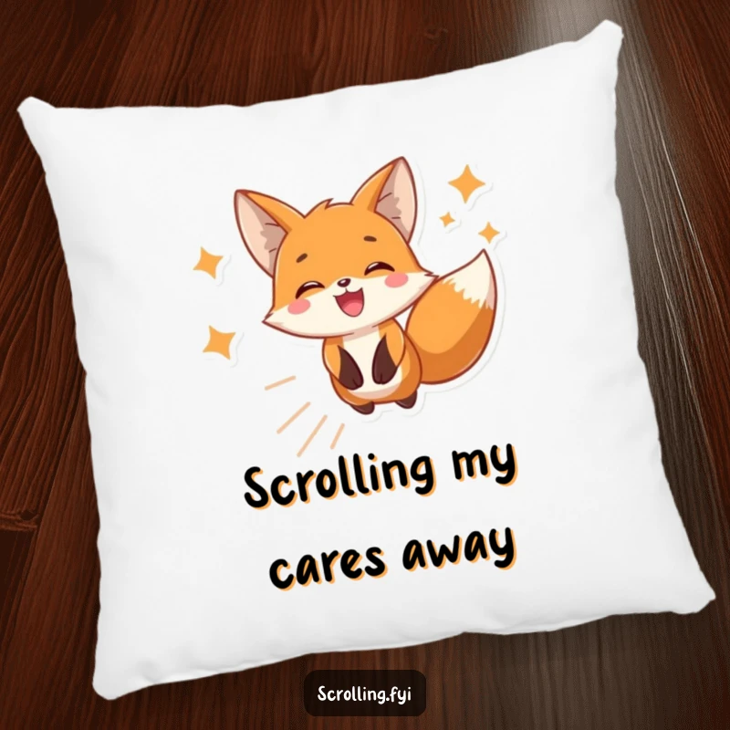 Funny pillow depicting a happy fox engrossed in scrolling phone images, offering comfort and a humorous touch to living spaces.