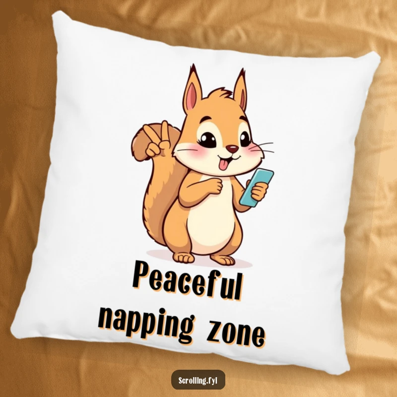 Funny silly squirrel giving a peace sign while looking at a phone on a plush pillow, ideal for humorous decor.
