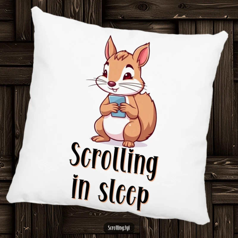Funny pillow featuring a determined squirrel holding a phone vertically, engrossed in scrolling with focused intent, perfect for comfort.