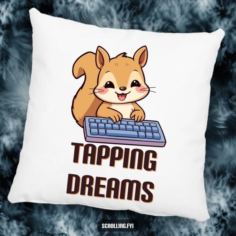 Funny Squirrel Pillow showing a smiling squirrel happily typing a message on a keyboard, perfect for comfort.