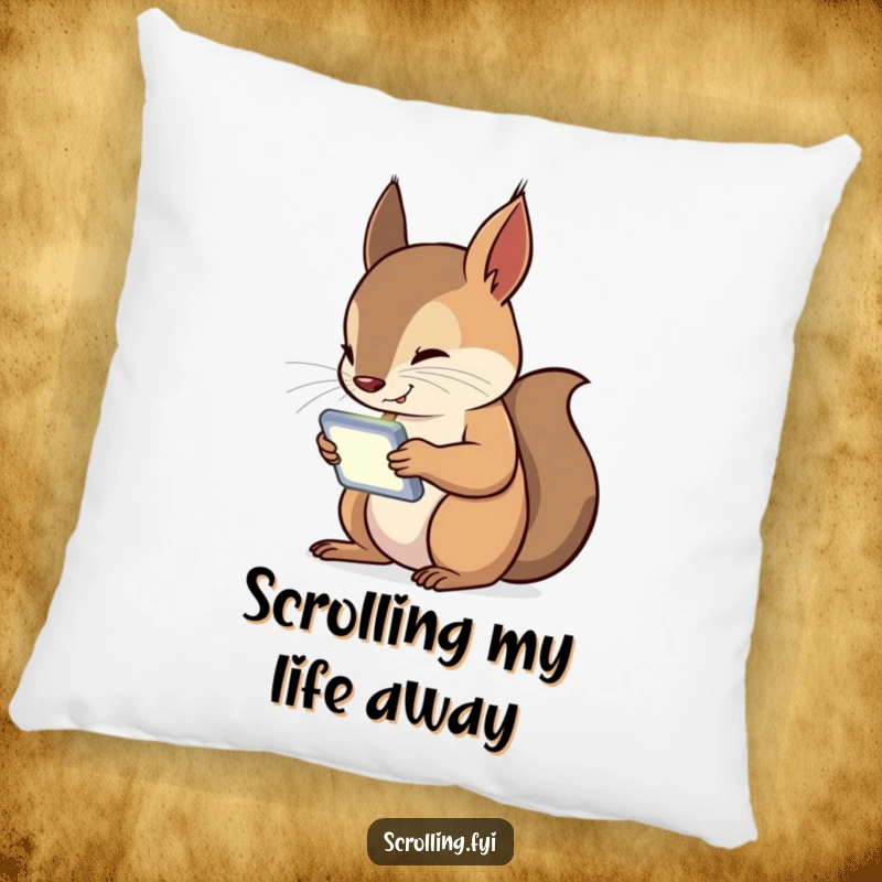 Funny Squirrel Pillow depicting a curious squirrel completely absorbed in its glowing handheld device, a humorous take on screen time.