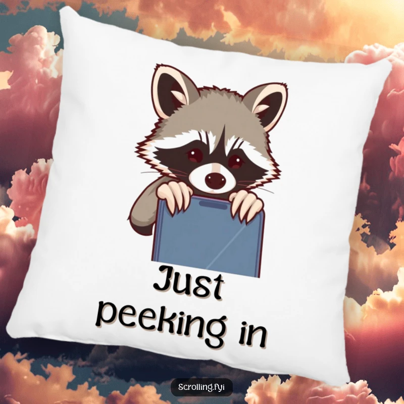 Funny Raccoon Pillow: Soft pillow with a mischievous raccoon peeking over a shoulder at a phone, ideal for cozy humor, gift.
