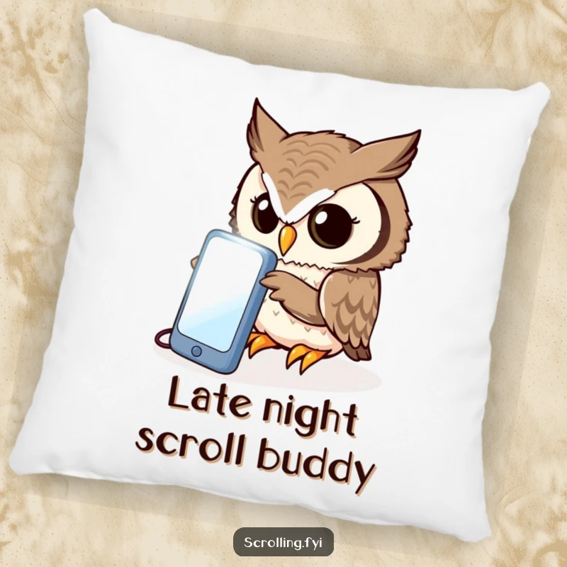 Funny owl pillow, curiously peering intently at a bright, illuminated phone screen, offering cozy intellectual amusement.