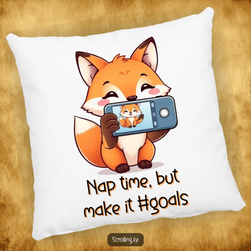 Funny Fox Pillow with a smiling fox holding a phone up to capture a moment, adding a touch of humor to seating.