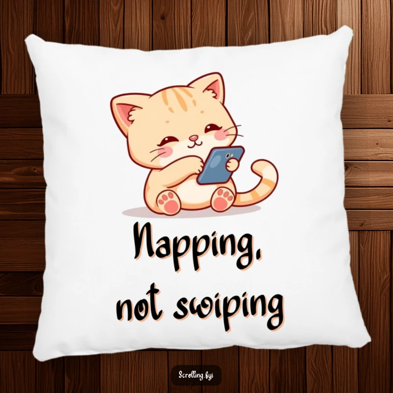 Funny pillow featuring a cute cat absorbed in a smartphone, its paw swiping down the screen, offering comfort and tech humor.
