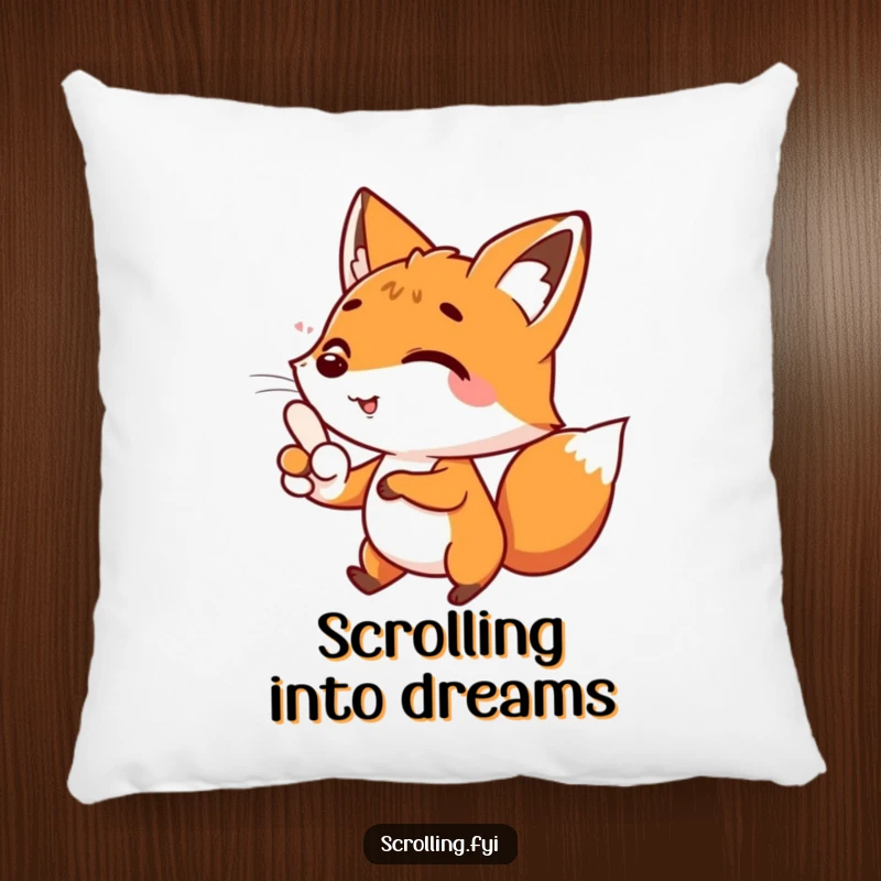 Funny plush pillow featuring a happy fox character engrossed in scrolling, a soft and funny gift.