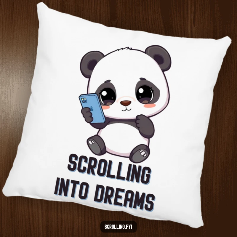 Funny pillow featuring a cute panda holding a smartphone, eyes glued to the screen, adding cozy tech humor to any room.