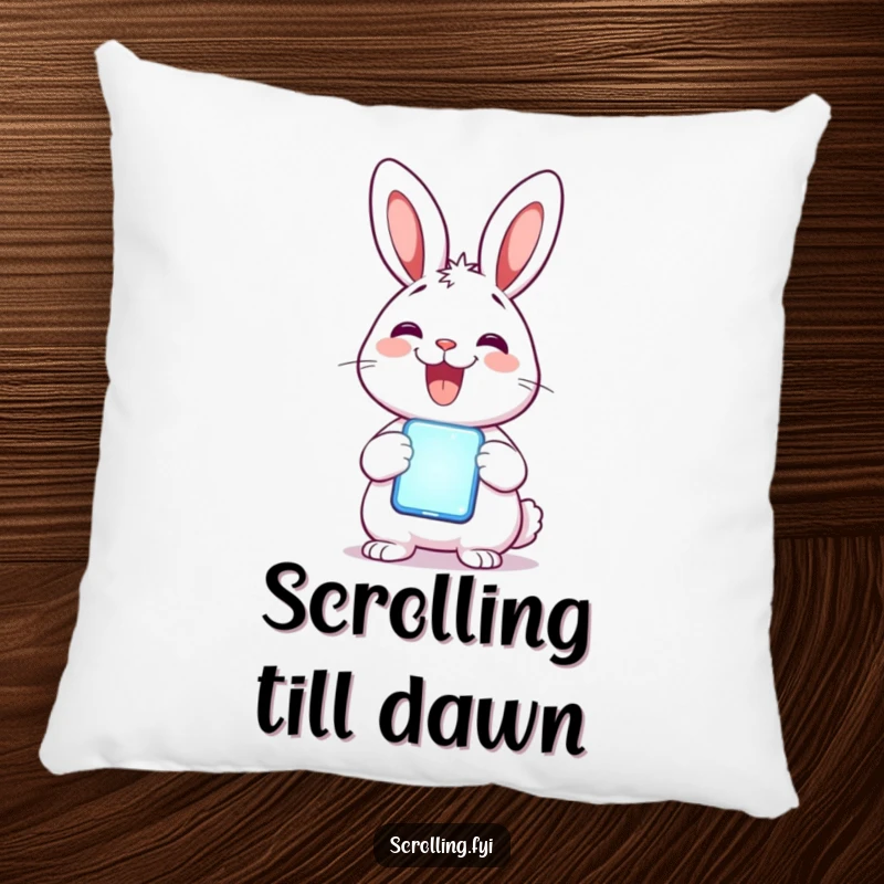 Funny Rabbit Pillow: A delighted rabbit smiles while holding a glowing mobile phone, perfect for a cozy tech-themed room.