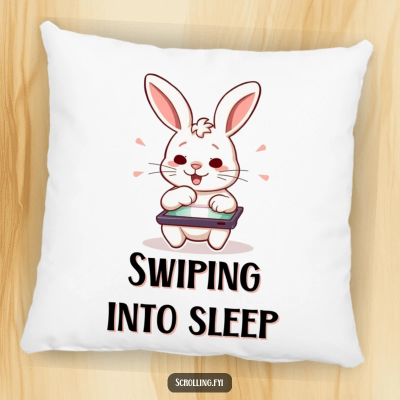 Funny plush pillow featuring a determined rabbit character excitedly swiping on a tablet, a soft funny gift.