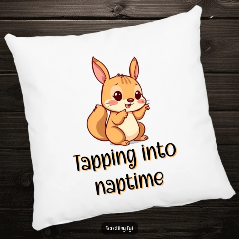 Funny pillow with a playful squirrel tapping a digital screen, providing comfort and humorous decor for tech enthusiasts.