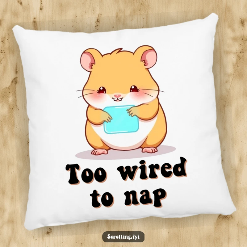 Funny hamster pillow, happily tapping a luminous device, capturing a cute tech obsession.