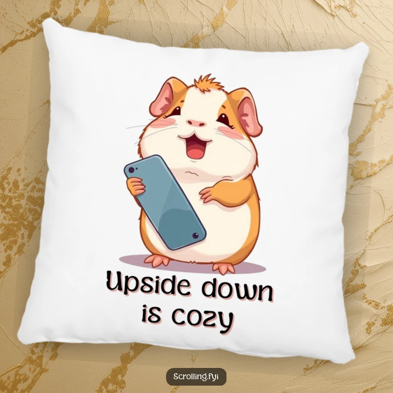 Funny giggling guinea pig holding a smartphone upside down, displaying pure amusement. Soft funny pillow.
