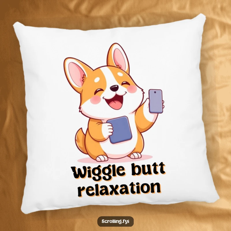 Funny pillow with a joyful corgi holding a phone, embodying a humorous and comfortable vibe.