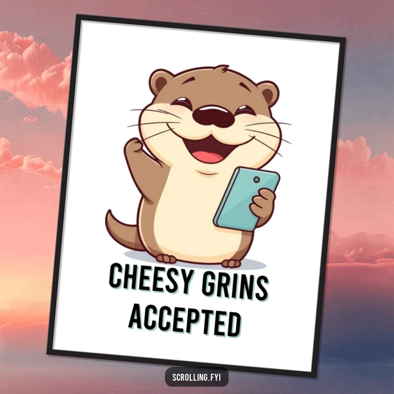 Funny otter digital art print showing a cheerful otter holding a phone with a huge grin, ideal for instant decor.