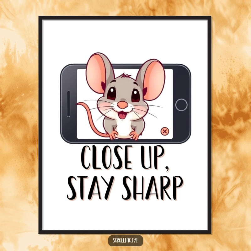 Funny playful mouse zooming in very closely on a smartphone screen with high concentration. High-quality funny digital art.