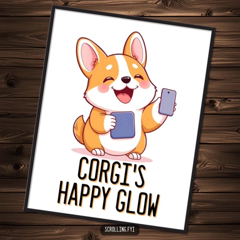 Funny digital art print of a joyful corgi holding a smartphone, depicting delightful and humorous connection.