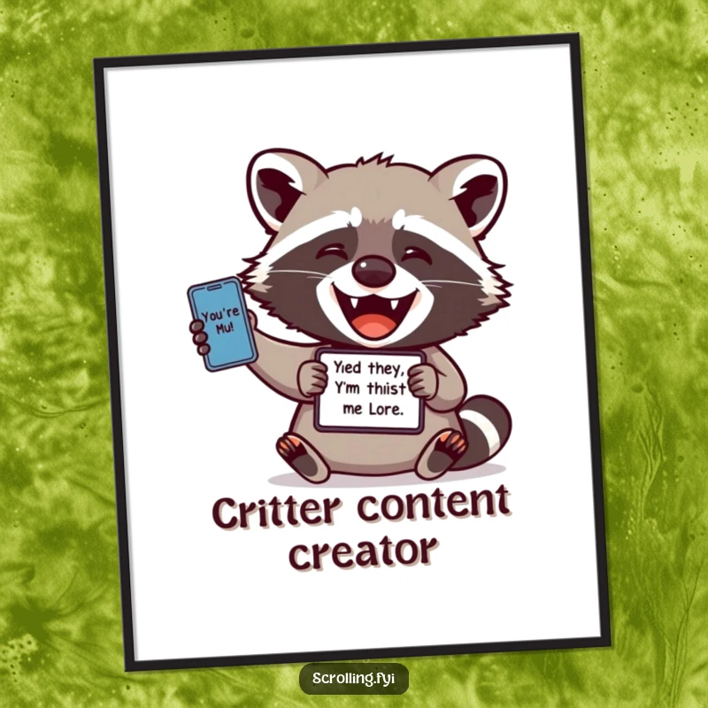 Funny digital art print: A delighted raccoon is captured mid-share of a popular meme from its device, embodying digital comedy.