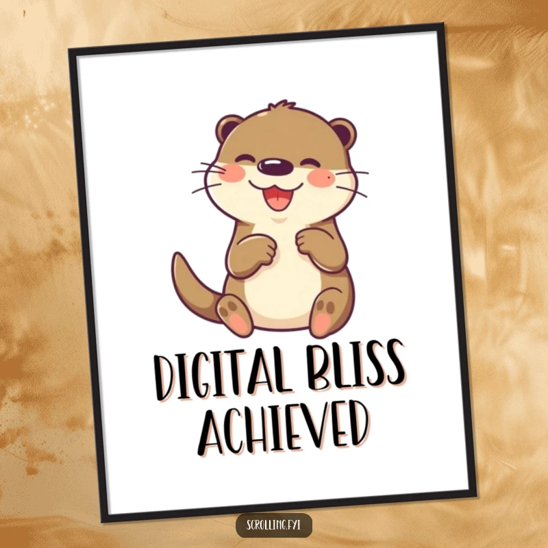 Funny otter digital art print, joyfully and rapidly tapping on a small screen with its paw, perfect for tech decor.