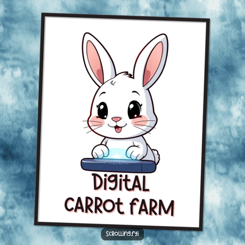 Funny digital art print of a happy bunny with wide eyes, staring intently at a glowing screen, conveying digital immersion humorously.