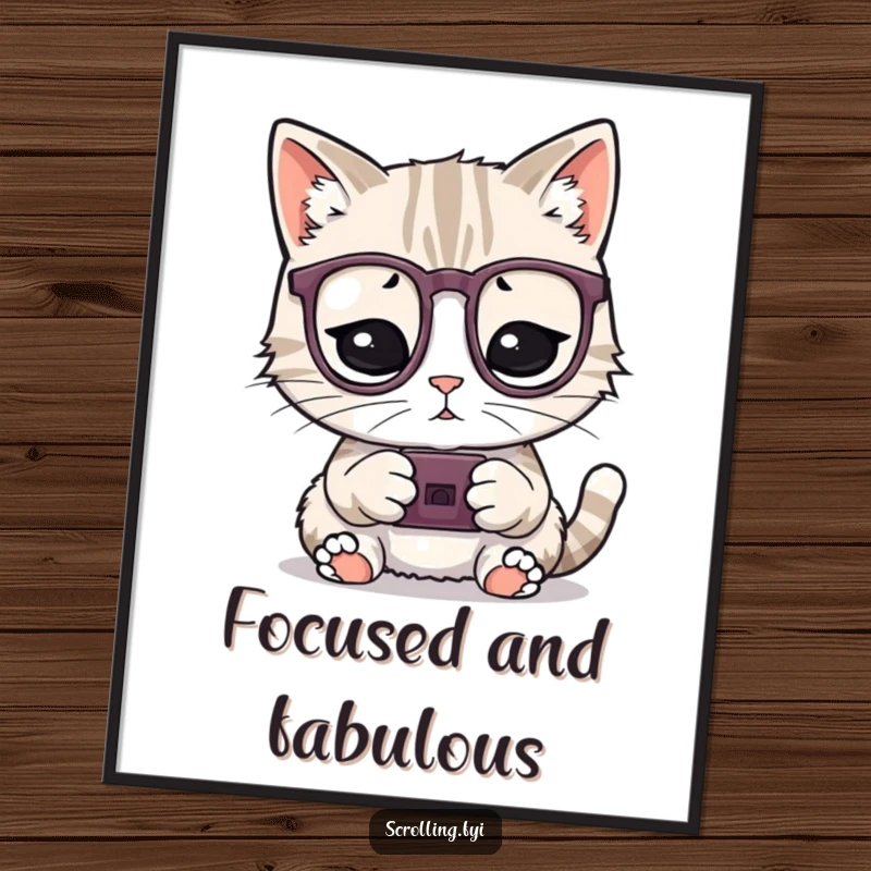 Funny digital art print of a playful cat wearing glasses engrossed in a tiny device, a smart funny gift.
