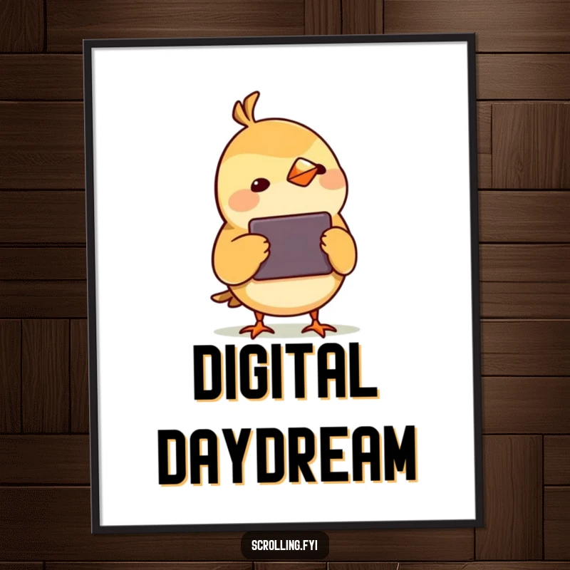 Funny Bird Watching Device Digital Art Print: High-resolution art of a small bird tilting its head, intently watching a screen, perfect for digital decor.