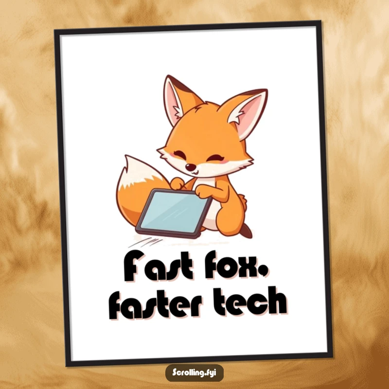 Funny Fox Digital Art: High-resolution printable of a playful fox rapidly swiping across a tablet screen, full of energy.