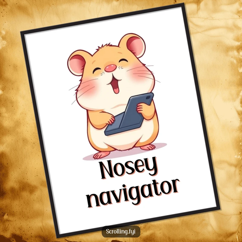 Funny digital art print of a silly hamster balancing a smartphone on its nose, scrolling rapidly.