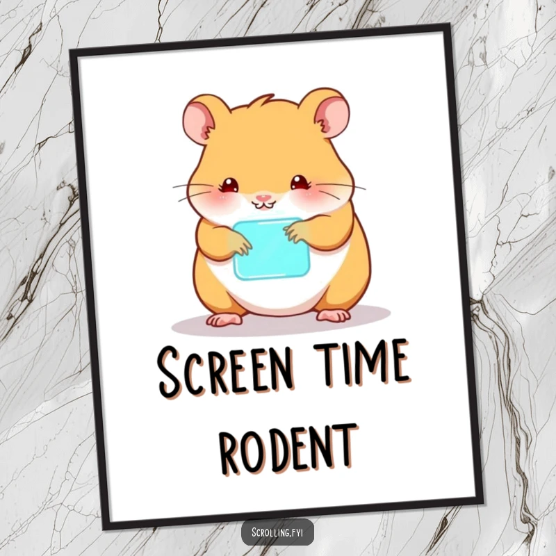 Funny hamster digital art print, happily tapping a glowing device, capturing tech-loving rodents.