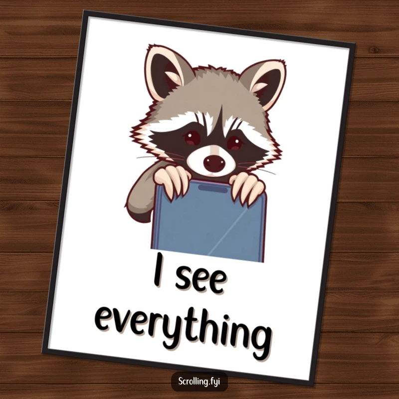 Funny Raccoon Digital Art Print: A mischievous raccoon peeking at a phone screen, adding quirky humor to decor, gift.