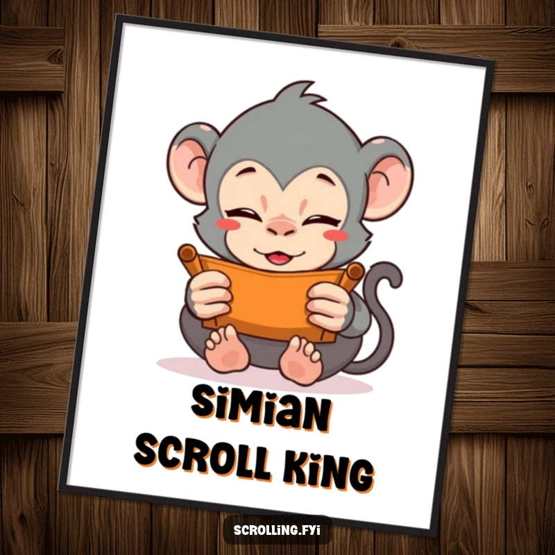 Funny digital art print of a monkey vigorously scrolling with both hands on a device. High-resolution download for relatable decor.