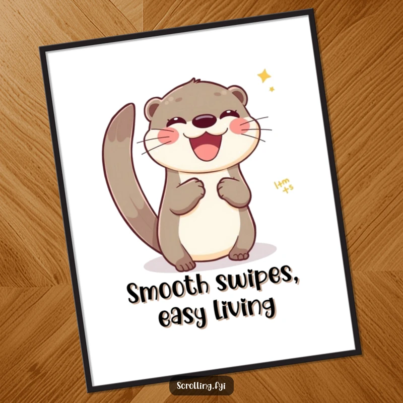 Funny digital art print of a joyful otter swiping across a virtual interface, perfect for modern tech decor.