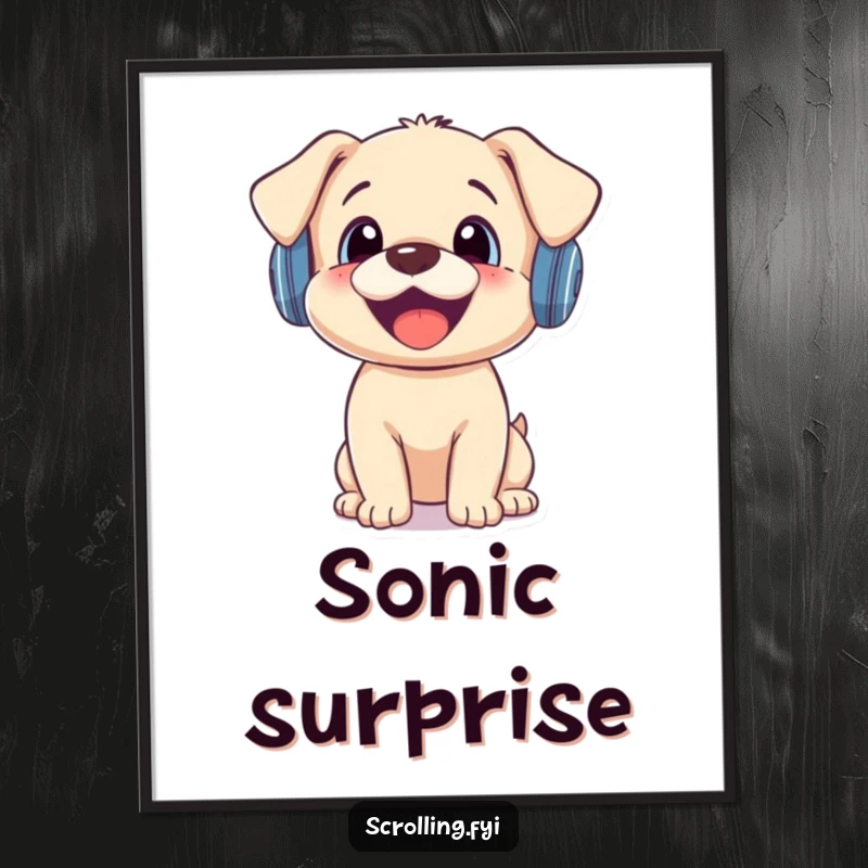 Funny digital art print of a joyful puppy wearing headphones, comically surprised by a smartphone notification.