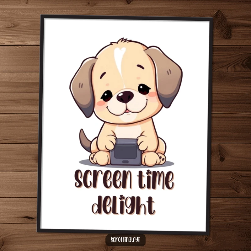 Funny Puppy Digital Art: A content puppy gazing at a small screen, a humorous and downloadable artwork for dog lovers.