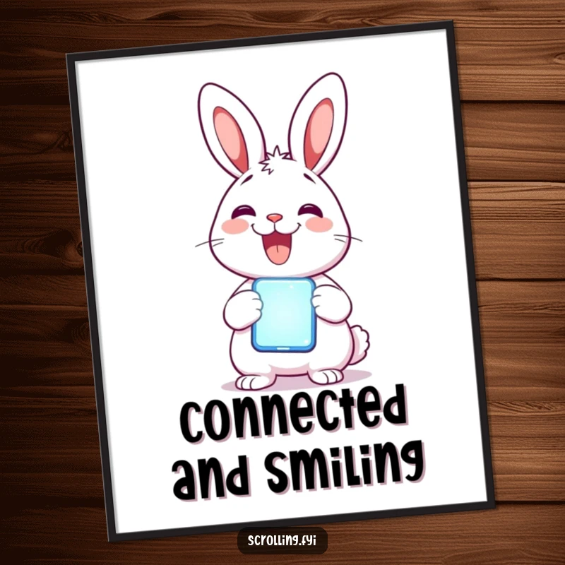 Funny Rabbit Digital Art Print: A delighted rabbit smiles holding a glowing mobile phone, perfect for instant techy decor.