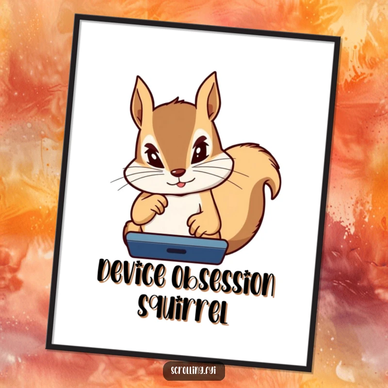 Funny Squirrel Digital Art: High-resolution printable of a determined squirrel intensely focused on a device, thumbs flying, gamer energy.