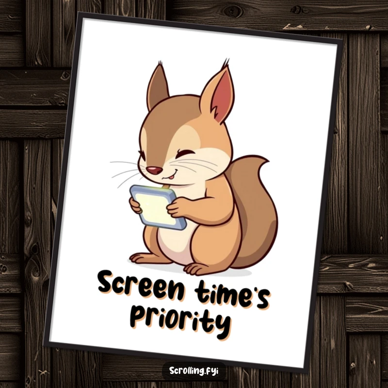 Funny Squirrel Digital Art Print showing a curious squirrel absorbed in its glowing handheld device, capturing a moment of tech addiction.