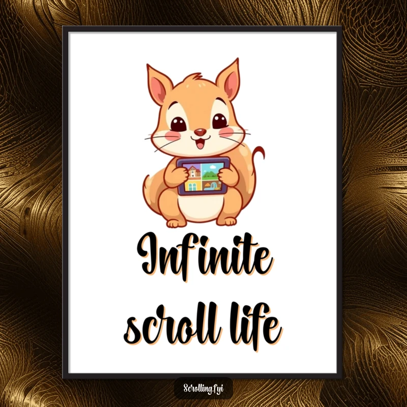 Funny digital art print of an excited squirrel rapidly swiping through images on a tablet screen. High-resolution download for techy spaces.