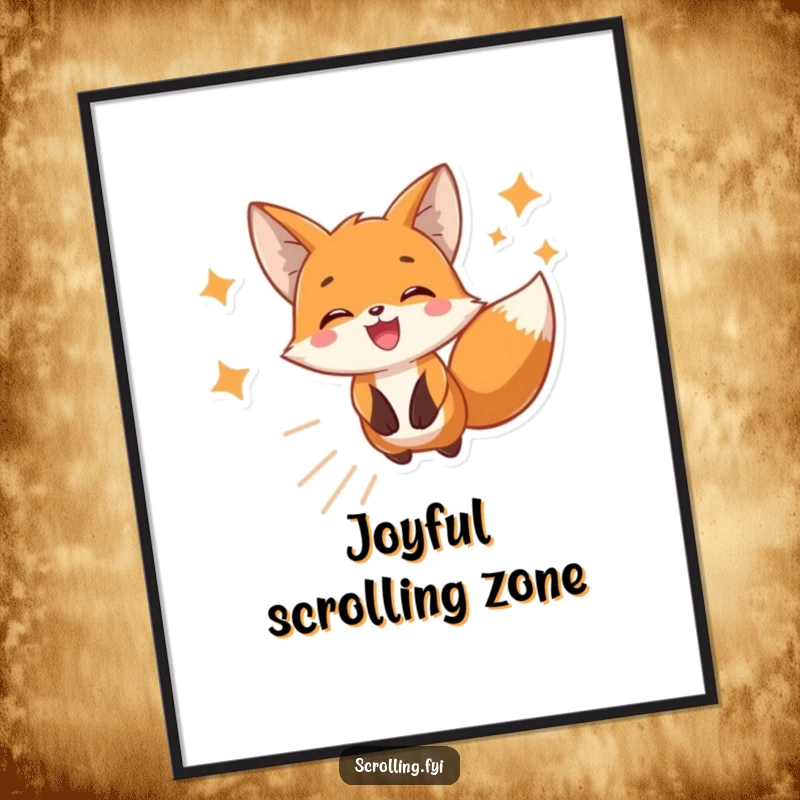 Funny digital art print of a joyful fox engrossed in scrolling phone images, offering humorous and modern decor for any space.
